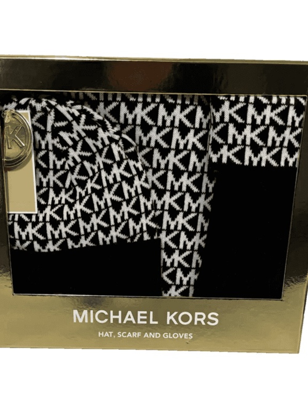 NEW in box Michael Kors Black & White Logo Hat, Scarf and Gloves Set